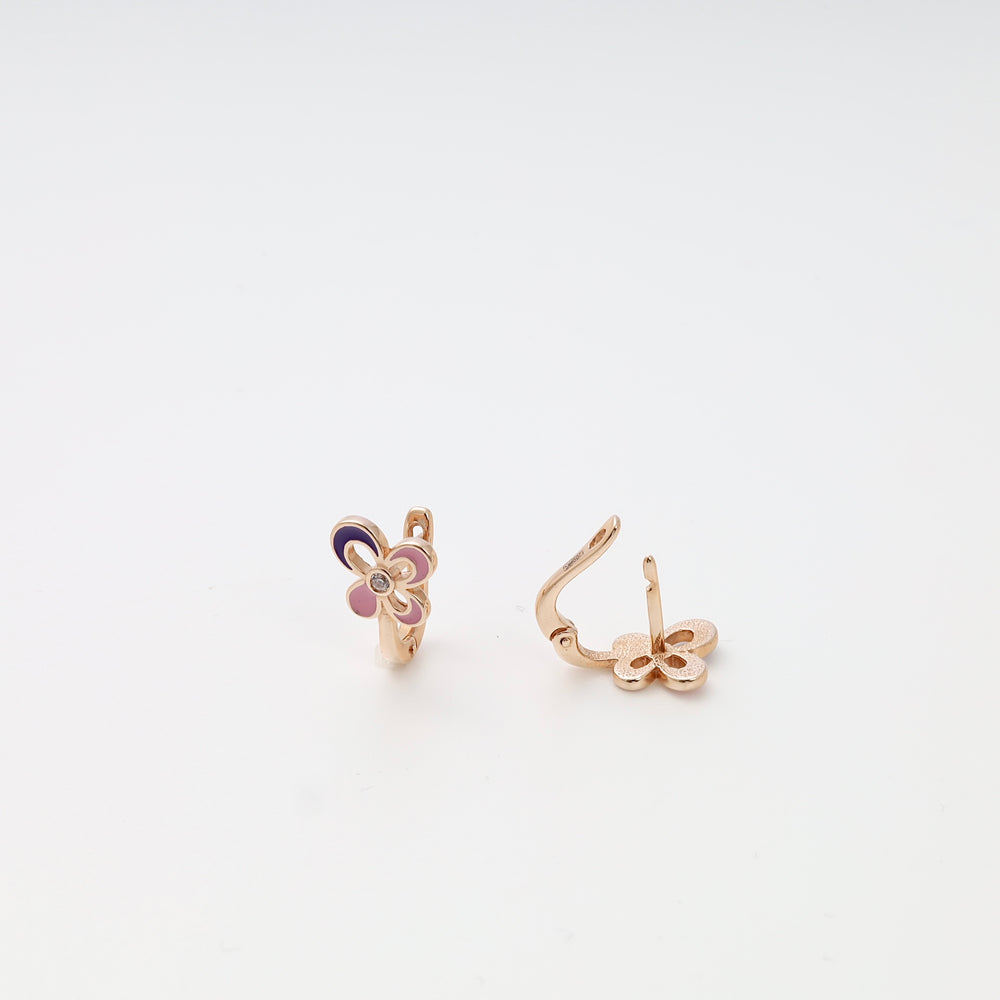 Rose gold flower earrings with enamel petals and stones, kids hoop earrings, Ukrainian Jewelry gift for girls.