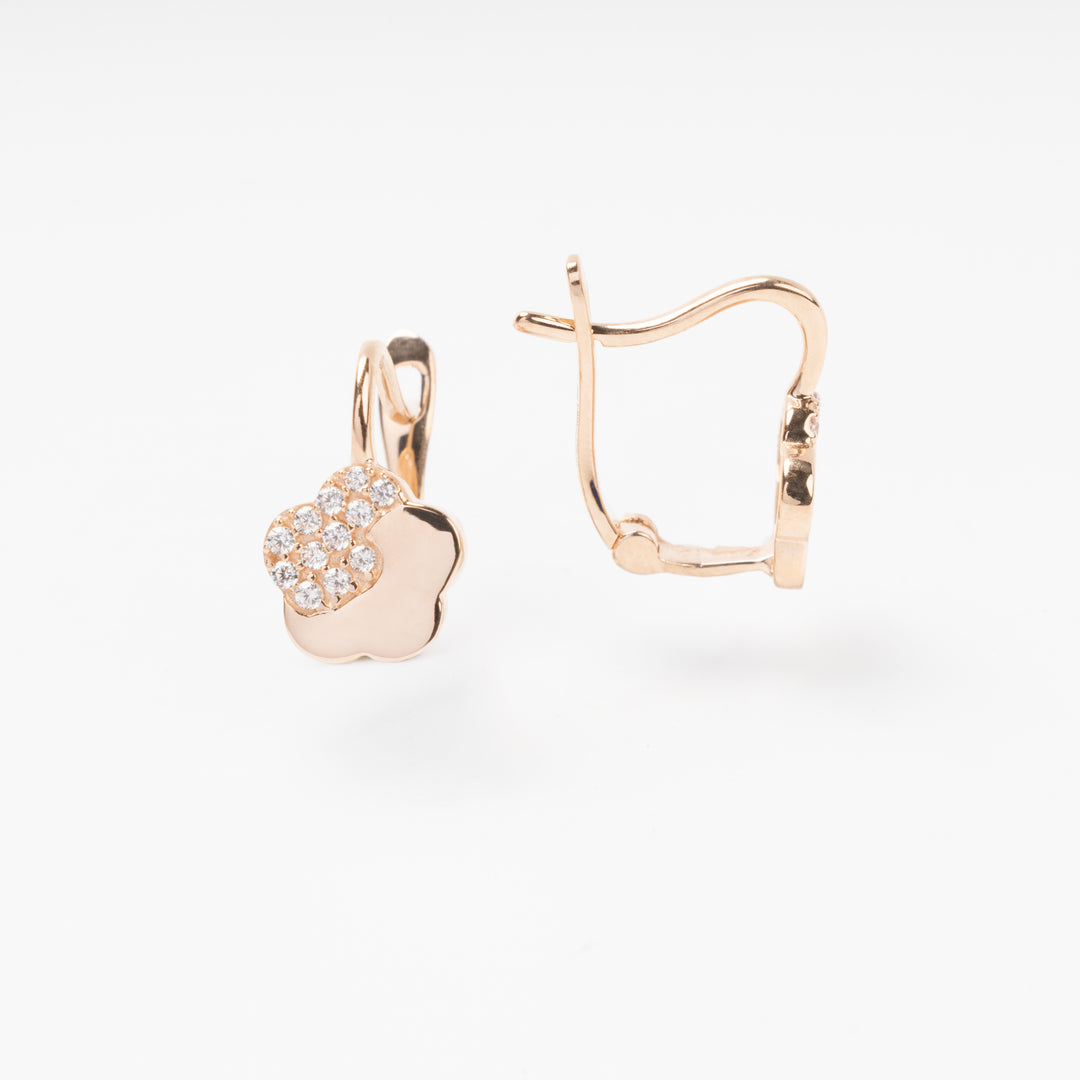 Rose gold flower huggie earrings with crystal stones, 14k gold Ukrainian Jewelry, small hoop earrings for women.