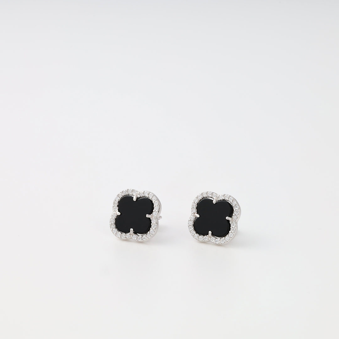 Sterling silver clover stud earrings with black enamel and crystal halo, Ukrainian Jewelry, minimalist silver stud earrings for women.