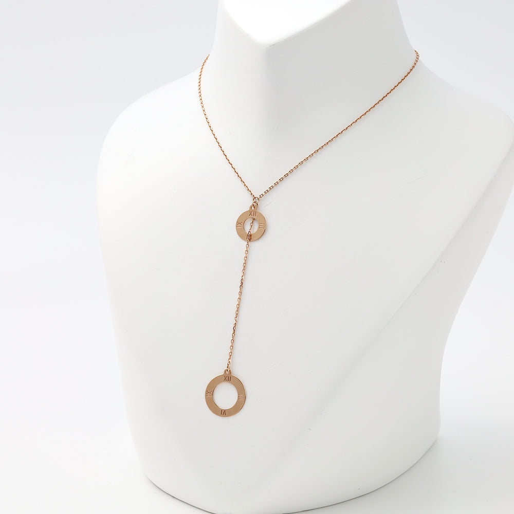 Rose gold necklace with two open circle pendants and Roman numerals, Ukrainian Jewelry lariat chain, minimalist gold pendant necklace.