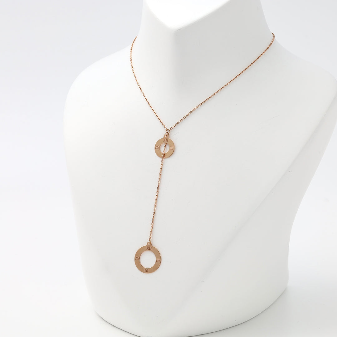 Rose gold necklace with two open circle pendants and Roman numerals, Ukrainian Jewelry lariat chain, minimalist gold pendant necklace.