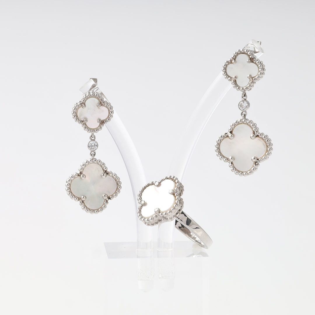Sterling silver clover earrings and matching ring set with white mother of pearl, Ukrainian Jewelry, dangle earrings gift.