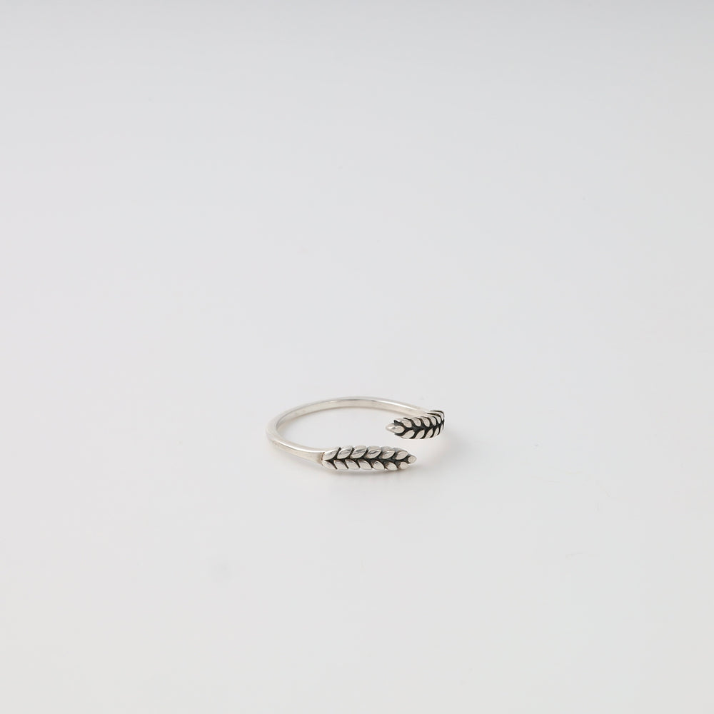 Sterling silver open wheat ring with leaf motif on white background, minimalist Ukrainian Jewelry, silver stacking ring, boho ring.