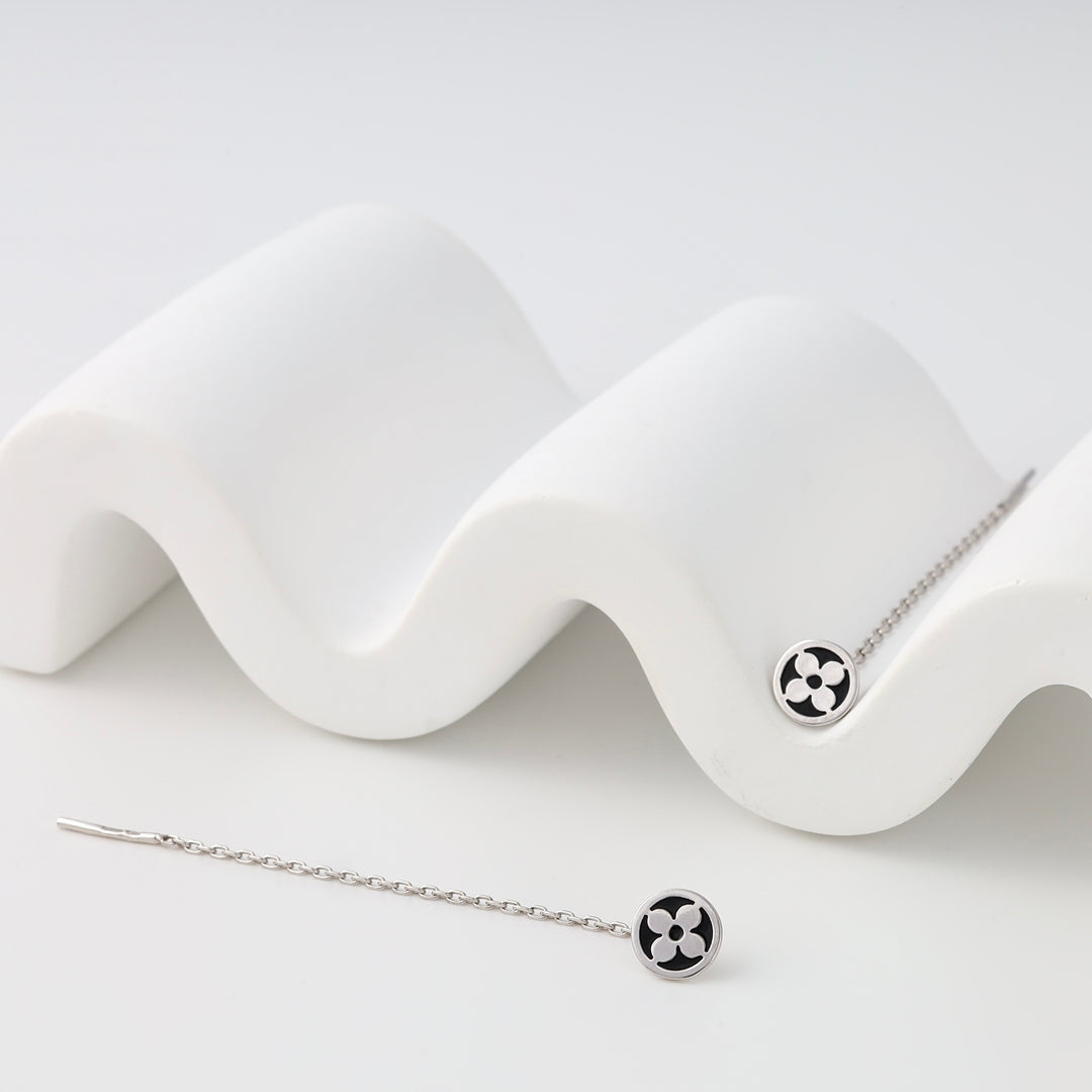 Sterling silver threader earrings with black flower discs on chain, minimalist Ukrainian Jewelry, silver drop earrings for women.