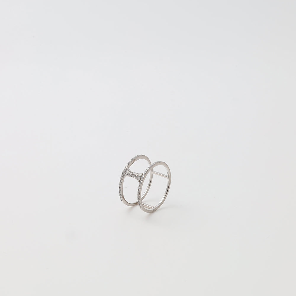 Sterling silver double band ring with pave stones on white background, minimalist Ukrainian Jewelry, modern silver ring.