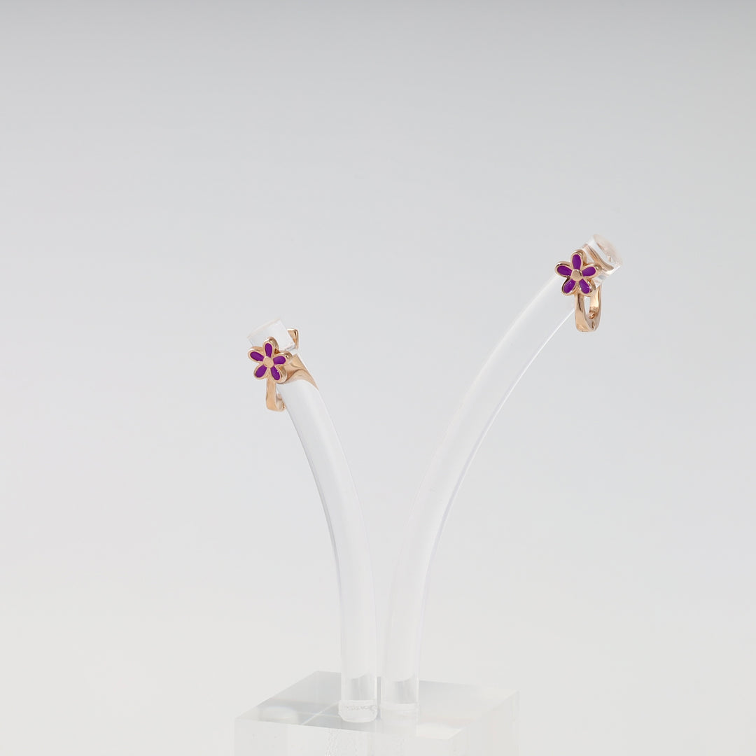 Pair of 14k gold flower hoop earrings with purple enamel petals on display, Ukrainian Jewelry, kids gold earrings gift.