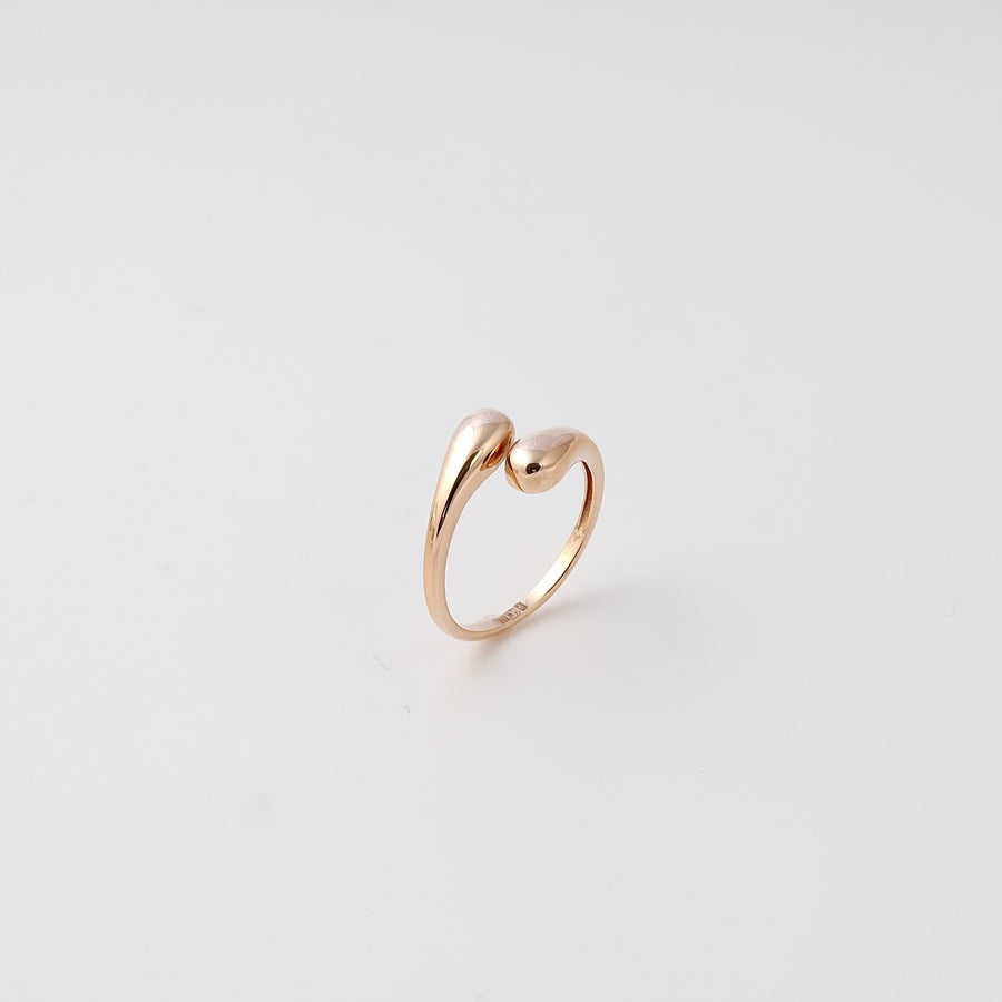 Minimalist 14k gold open ring with two teardrop ends on white background, Ukrainian Jewelry, dainty gold ring, stacking ring.