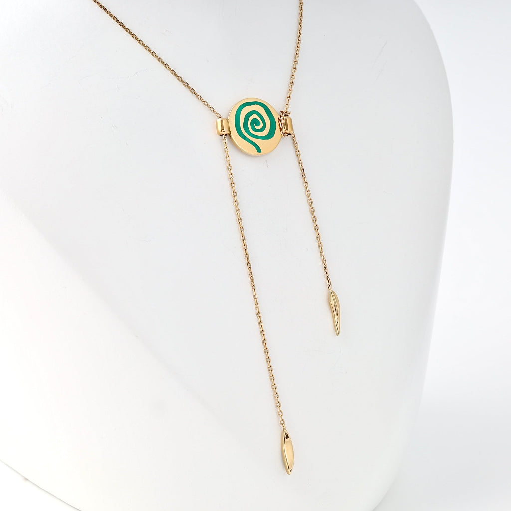 14k gold lariat necklace with round green spiral pendant, delicate chain drops and slider clasp, modern Ukrainian Jewelry gift.