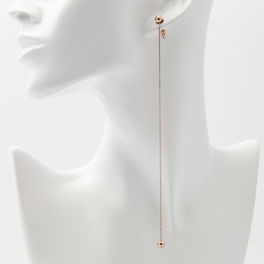 Single 14k gold long chain drop earring with tiny ball stud, minimalist threader style Ukrainian Jewelry for women.