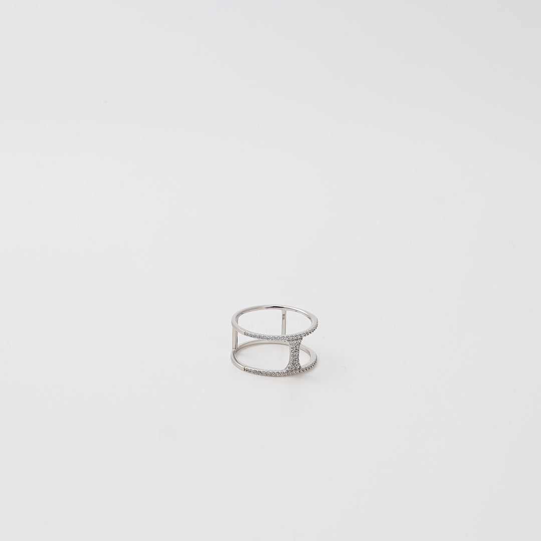 Sterling silver double band ring with pave stones on white background, modern cocktail ring Ukrainian Jewelry.