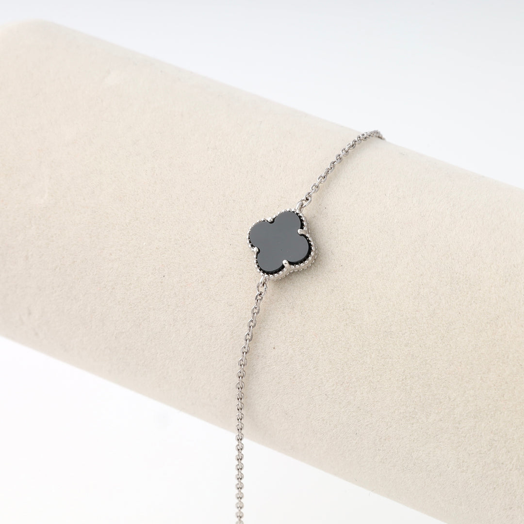 Sterling silver bracelet with black clover charm on chain, minimal bar display, Ukrainian Jewelry, dainty silver bracelet gift.