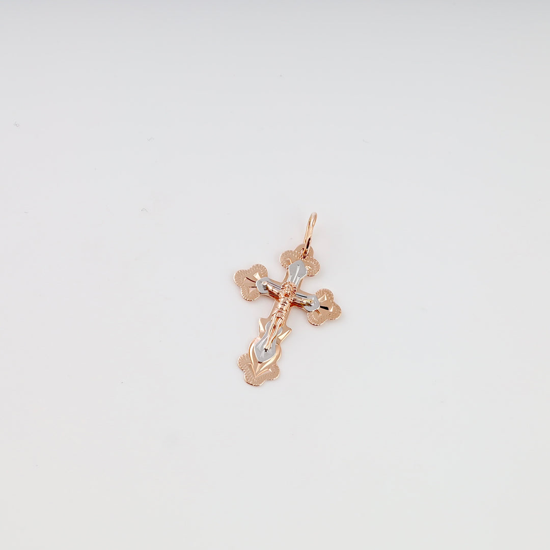Gold and silver Orthodox cross pendant on white background, Ukrainian Jewelry, religious gold cross charm for necklace.