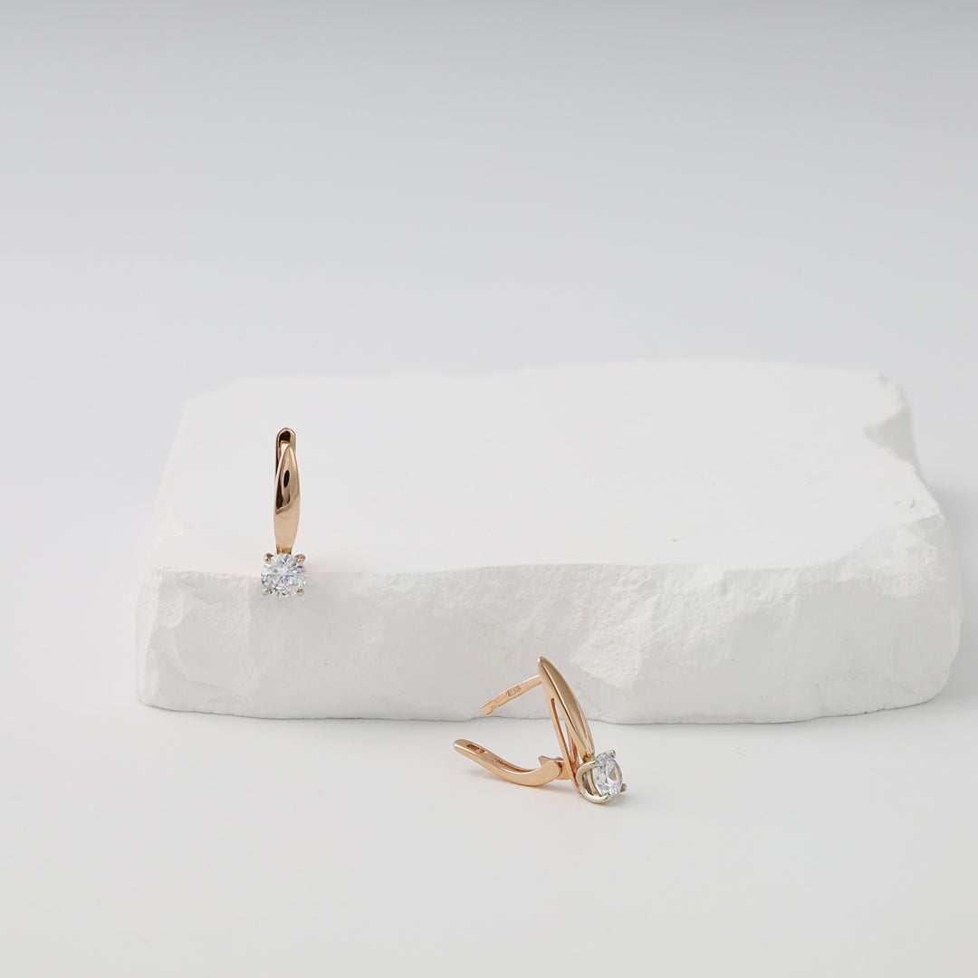 14k gold solitaire drop earrings with round cubic zirconia on white stone, Ukrainian Jewelry, gold dangle earrings, minimalist gift.