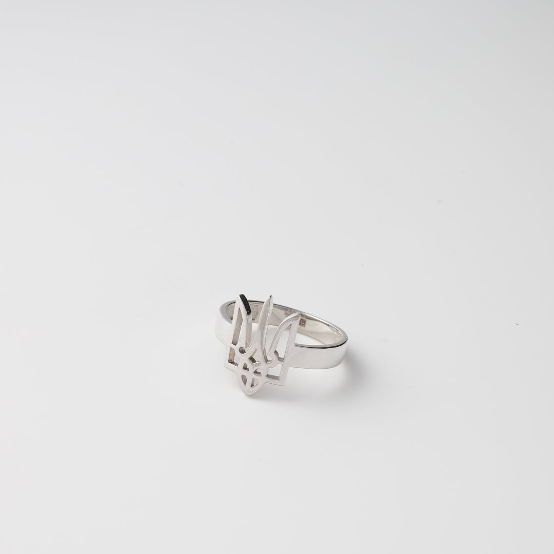 Sterling silver ring with Ukrainian trident symbol on white background, Ukrainian Jewelry, patriotic silver ring gift.