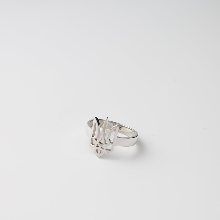 Sterling silver ring with Ukrainian trident symbol on white background, Ukrainian Jewelry, patriotic silver ring gift.