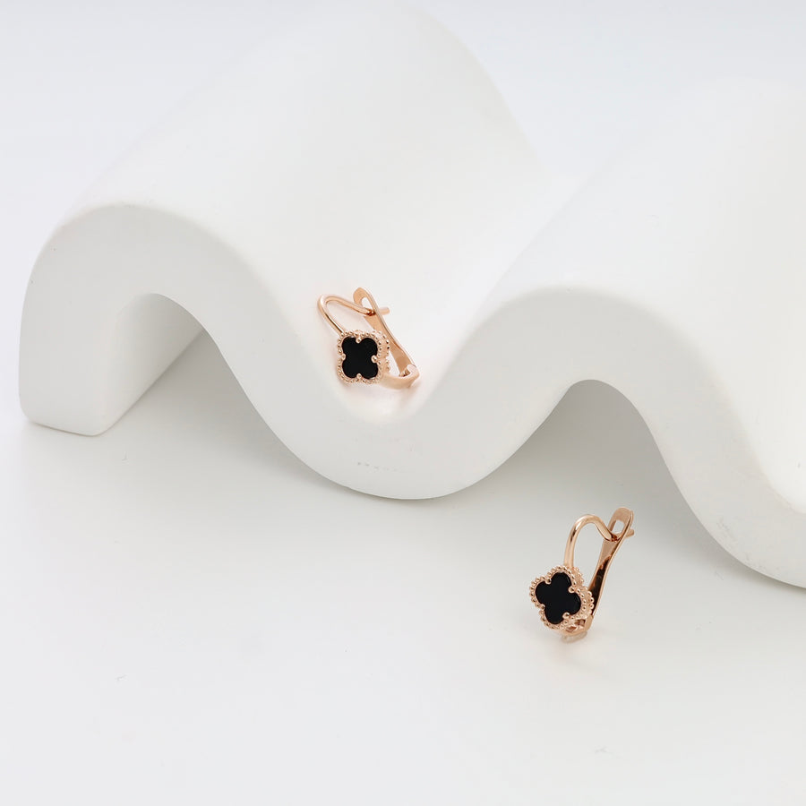 14k gold leverback earrings with black clover motif, minimalist drop earrings, Ukrainian Jewelry for everyday gold earrings shoppers.