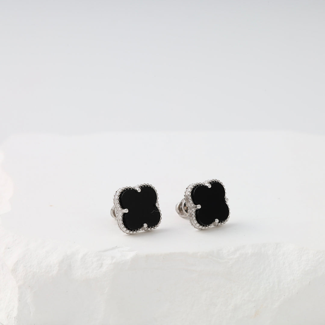 Sterling silver clover stud earrings with black enamel, classic Ukrainian Jewelry, minimalist silver earrings for women.