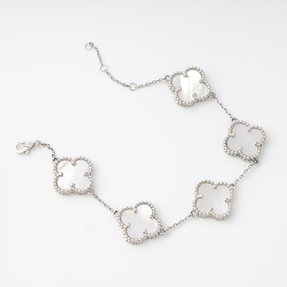 Sterling silver bracelet with five mother of pearl clover charms, delicate chain clasp design, Ukrainian Jewelry, silver clover bracelet.