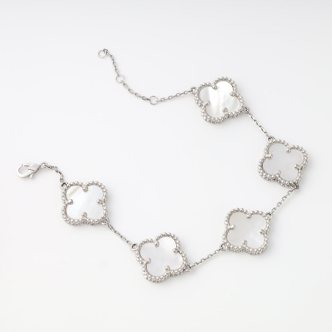 Sterling silver bracelet with five mother of pearl clover charms, delicate chain clasp design, Ukrainian Jewelry, silver clover bracelet.