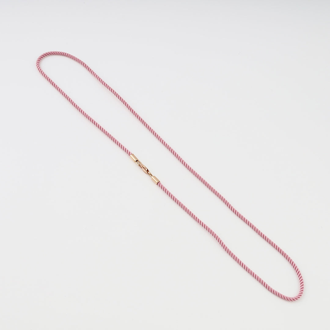 Pink cord necklace with a slim rose gold bar clasp on white background, Ukrainian Jewelry, minimalist gold chain necklace.