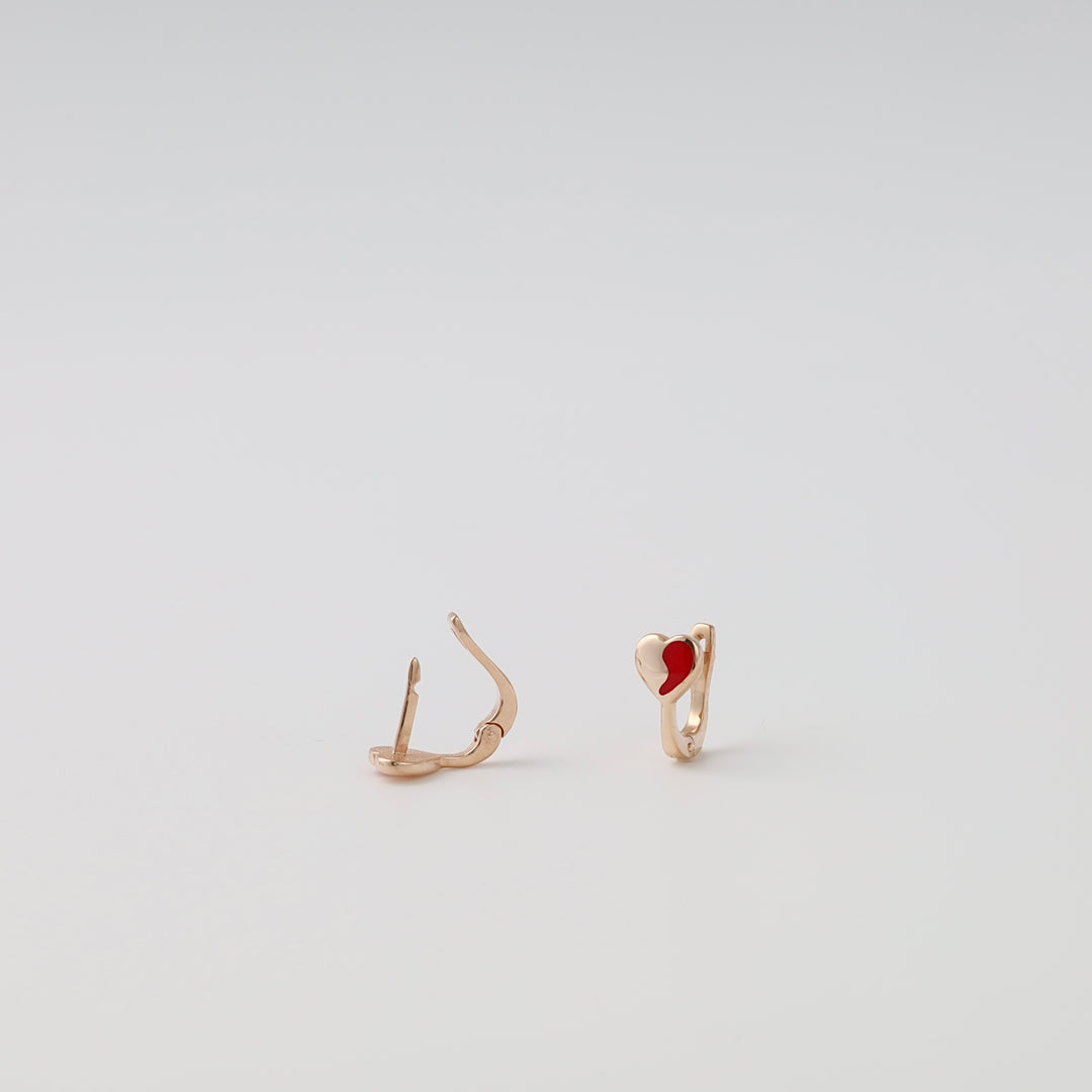 14k gold kids hoop earrings with red heart enamel, delicate everyday jewelry from Ukrainian Jewelry, perfect small gold earrings.