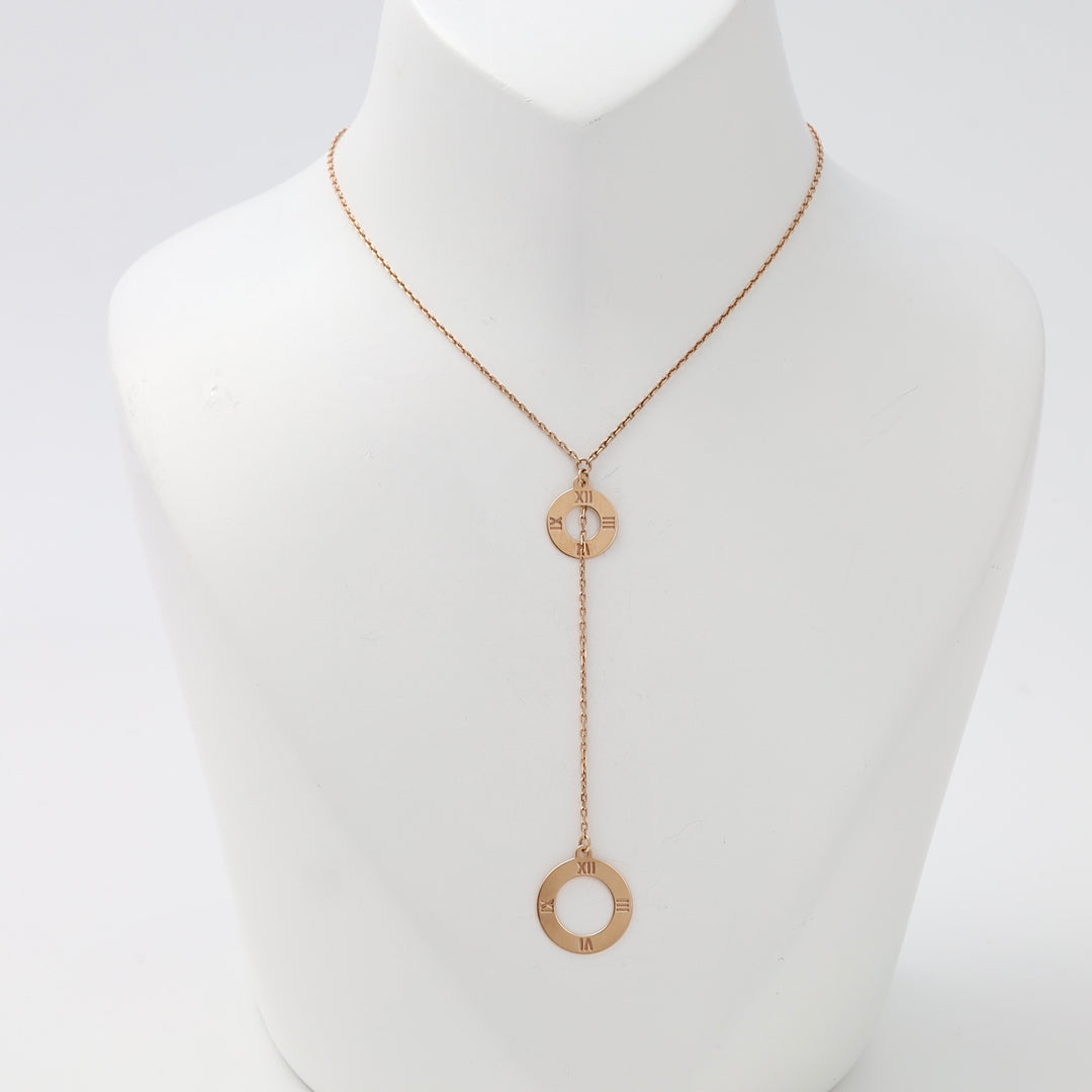 Gold lariat necklace with two circular Roman numeral pendants on chain, minimalist gold jewelry, Ukrainian Jewelry, gift for her.