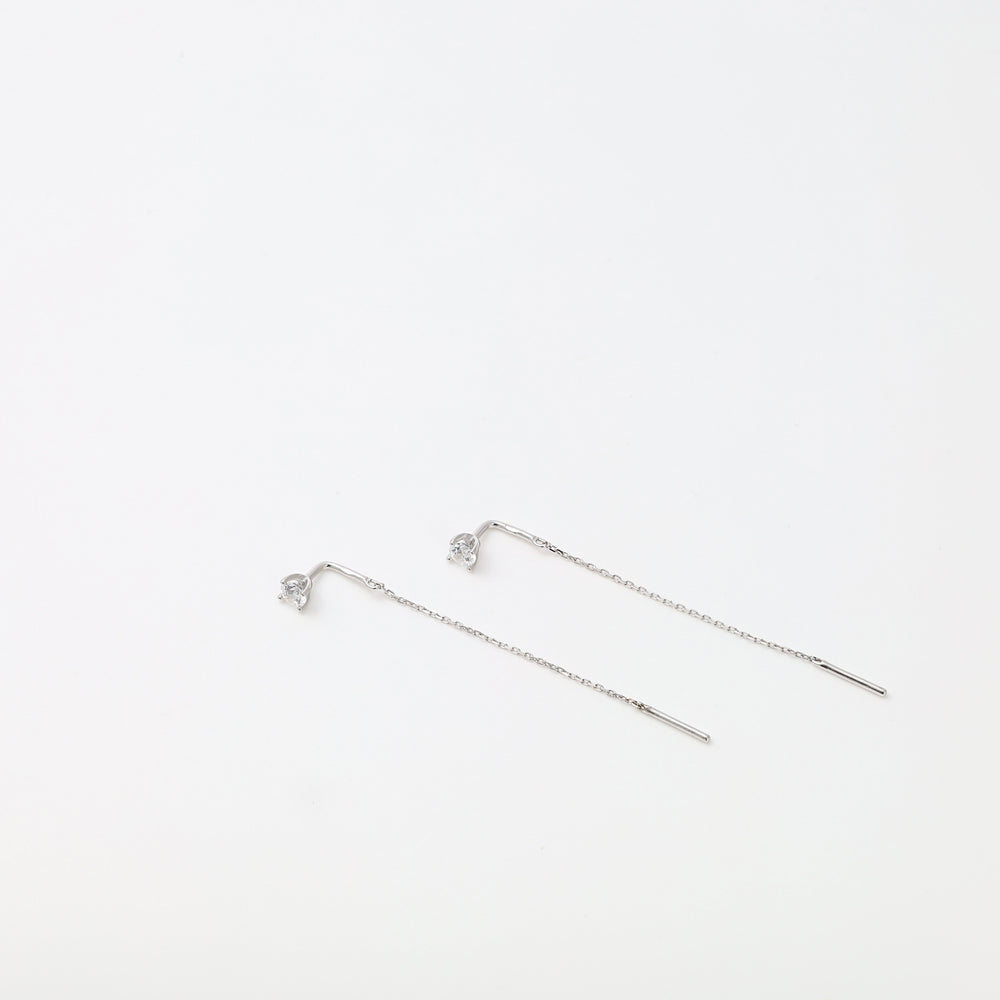 Pair of sterling silver threader earrings with small clear stones, minimalist drop dangle Ukrainian Jewelry for women.