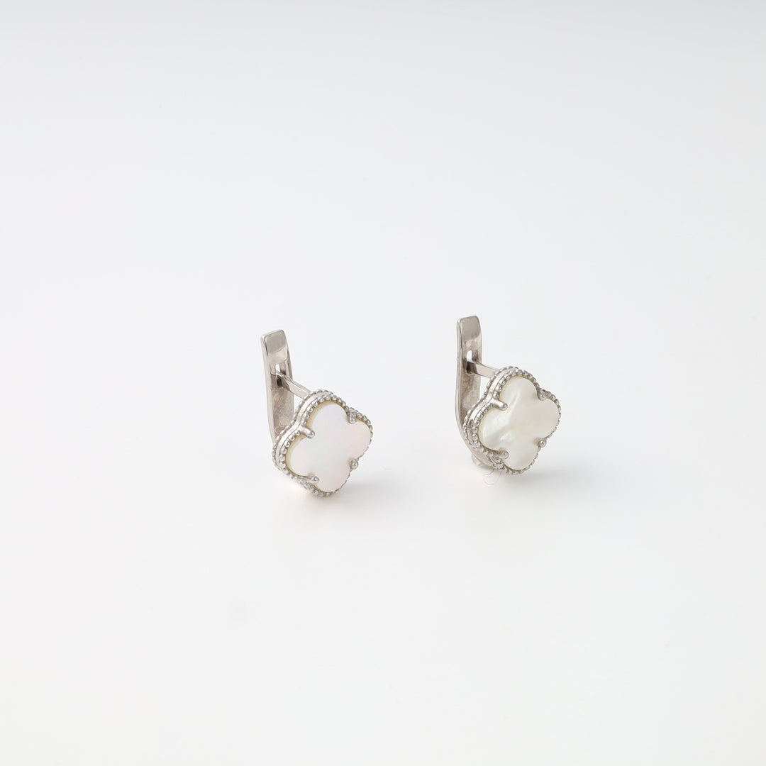 Sterling silver clover huggie earrings with white mother of pearl, Ukrainian Jewelry, silver earrings for women, wedding jewelry.