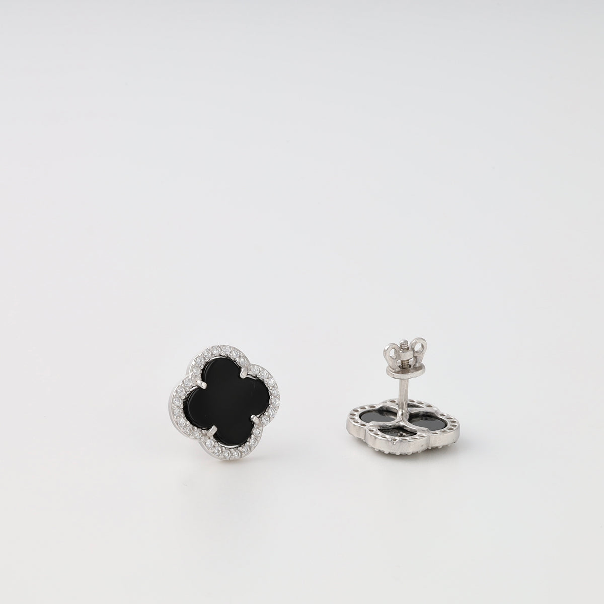 Sterling silver clover stud earrings with black inlay and crystals, Ukrainian Jewelry, elegant silver stud earrings gift.