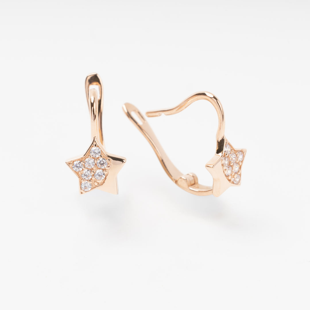 14k gold star drop earrings with clear stones, leverback hoops, Ukrainian Jewelry, delicate gold star earrings for women.