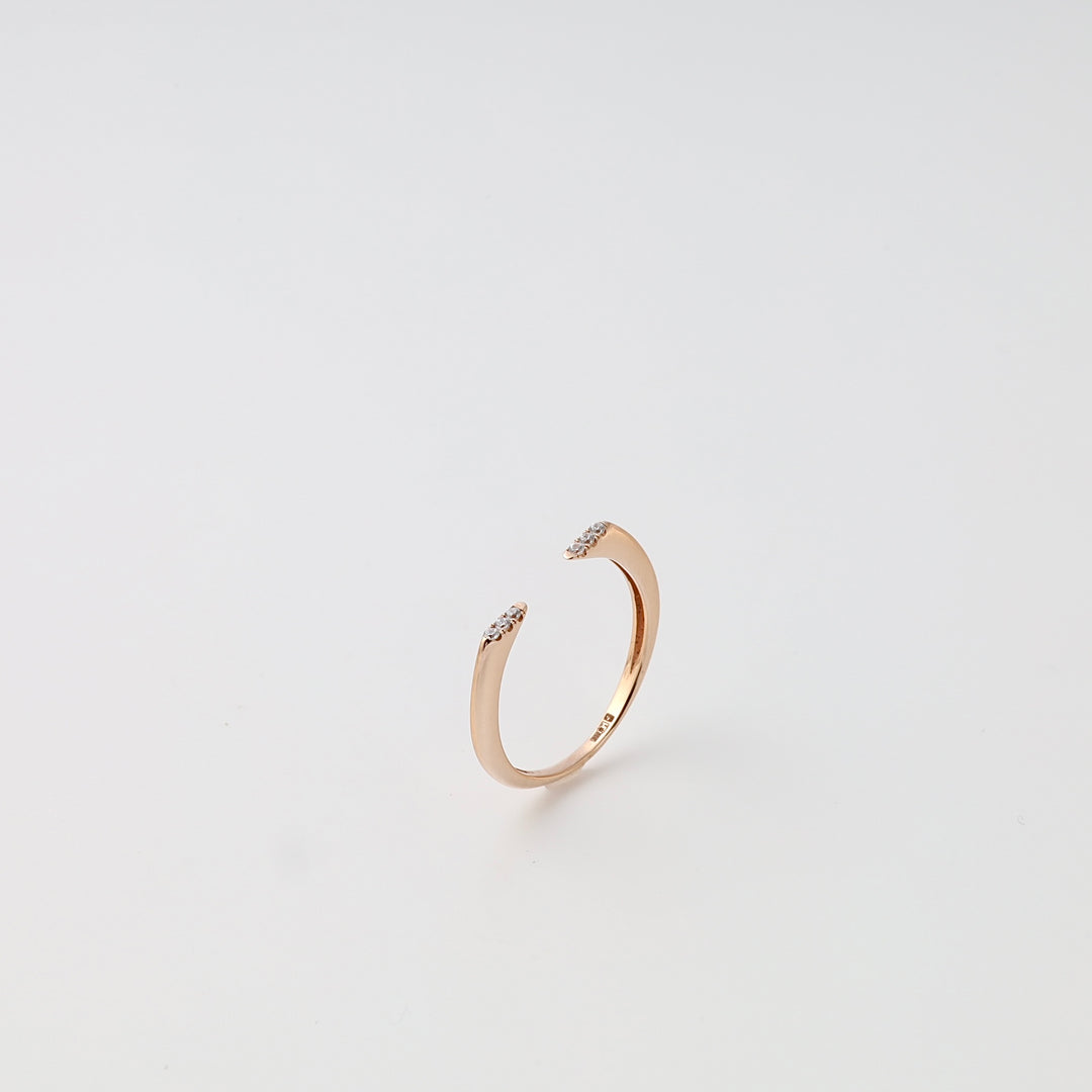 Minimalist 14k gold open ring with small diamonds on both ends, Ukrainian Jewelry, delicate gold stacking ring for women.