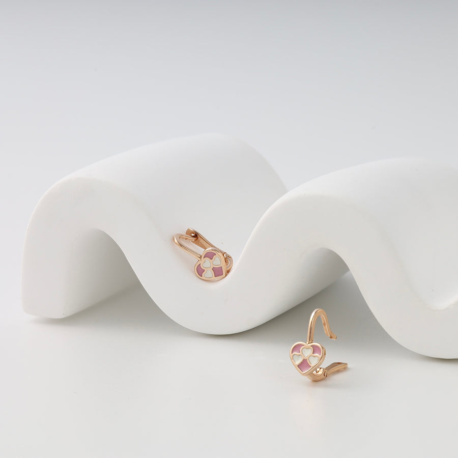 14k gold heart earrings with pink enamel flower design, kids leverback earrings, Ukrainian Jewelry, dainty gold earrings for girls.