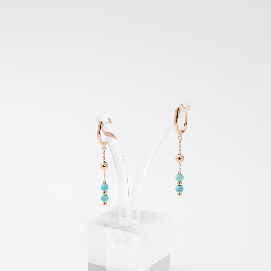 14k gold dangle earrings with turquoise beads on a clear stand, Ukrainian Jewelry, minimalist gold drop earrings for women.