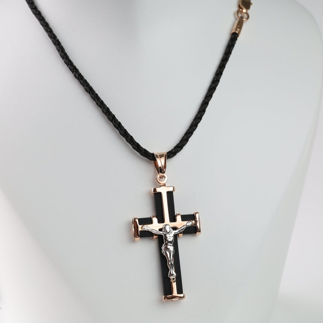 Rose gold crucifix cross with black rubber caoutchouc inlay - 14K 585 Ukrainian gold pendant close-up detail - Ukrainian Jewelry