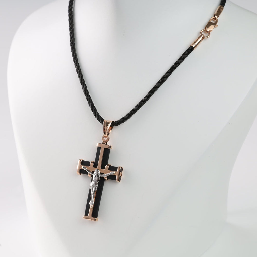 Cross with black rubber and crucifix 14K rose gold 585 - side view showing rubber inlay details - Ukrainian Jewelry