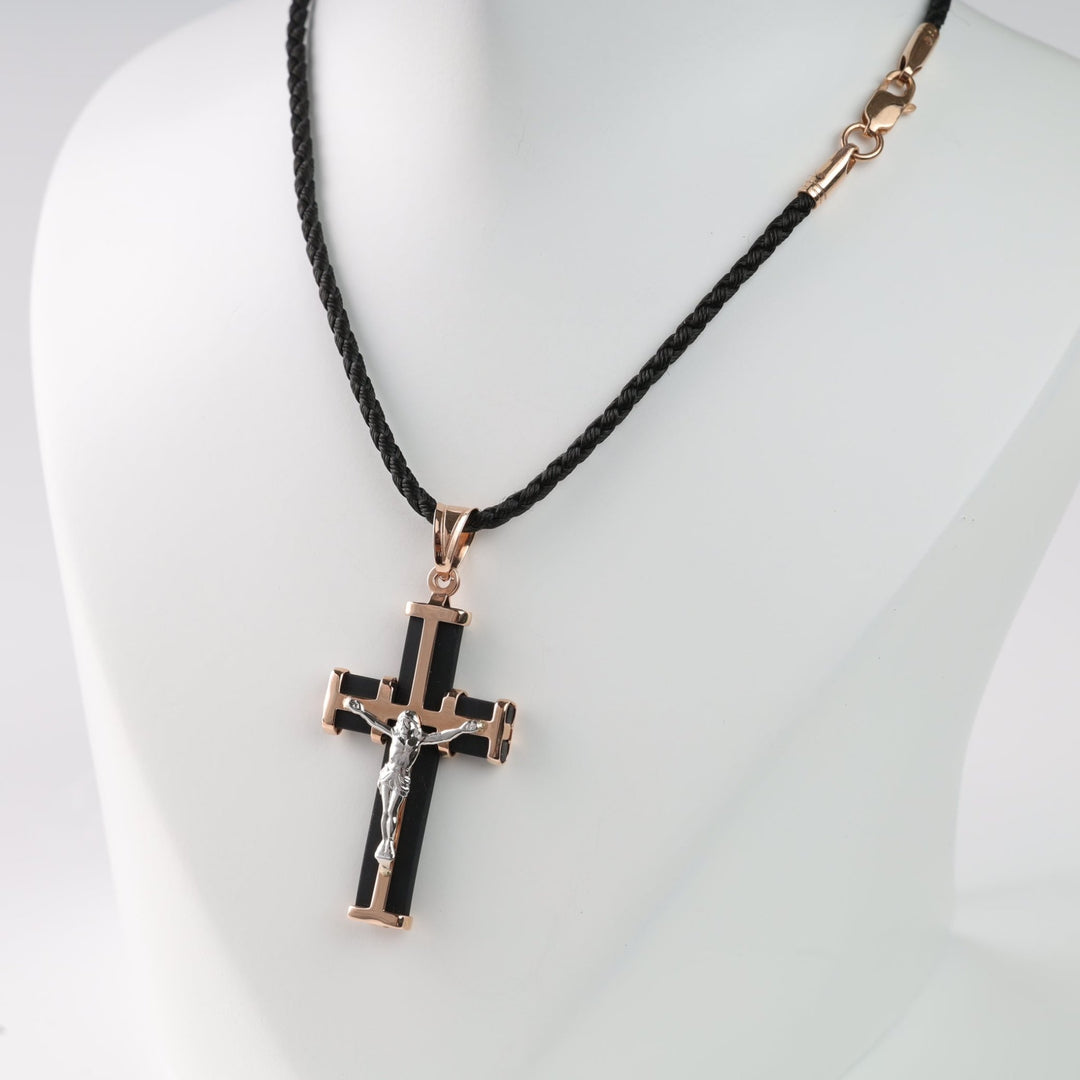 Cross with black rubber and crucifix 14K rose gold 585 - side view showing rubber inlay details - Ukrainian Jewelry