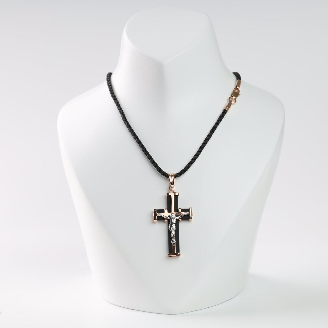 Cross with Black Rubber and Crucifix pendant in 14K Rose Gold 585 - front view showing two-tone design with white gold corpus - Ukrainian Jewelry