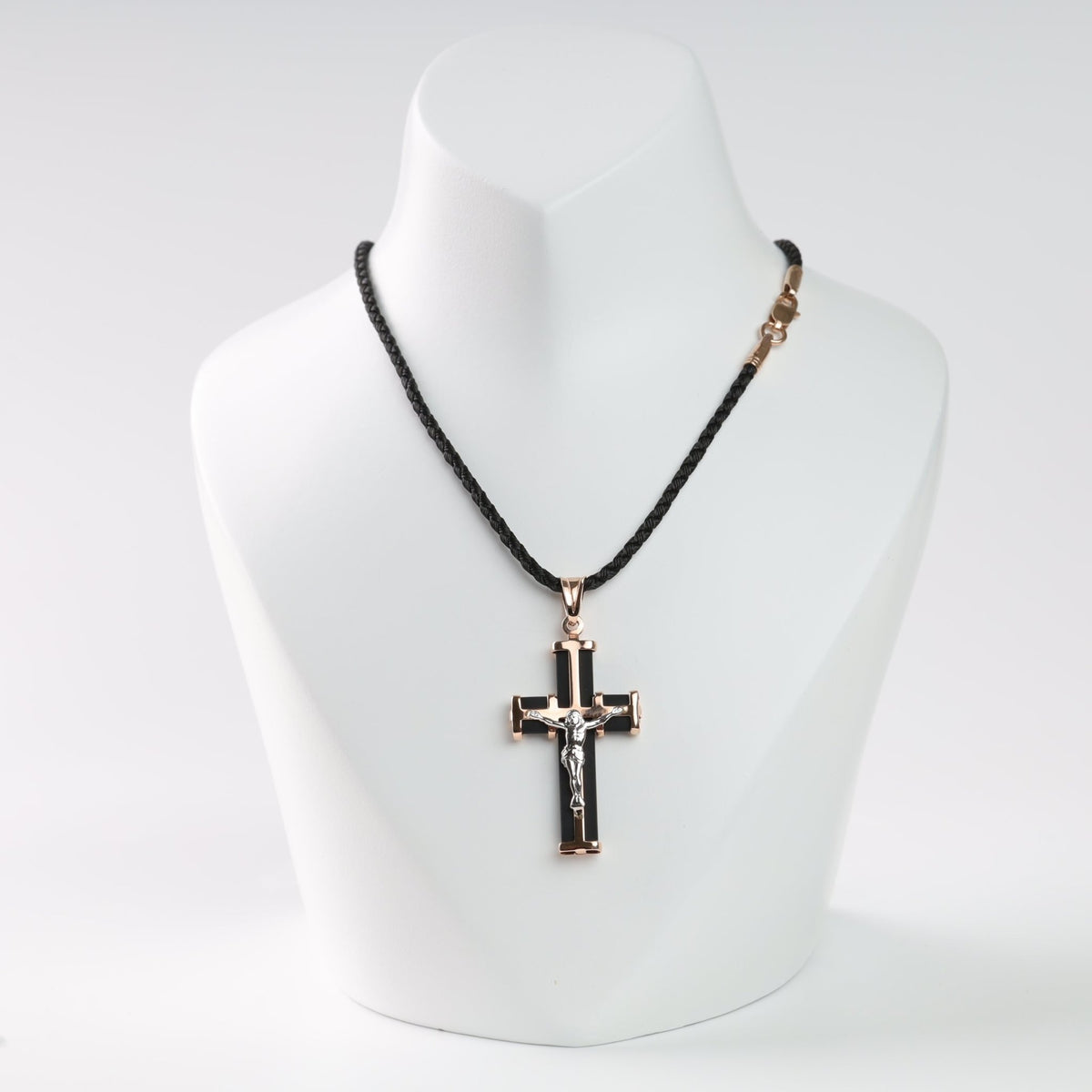 Cross with Black Rubber and Crucifix pendant in 14K Rose Gold 585 - front view showing two-tone design with white gold corpus - Ukrainian Jewelry