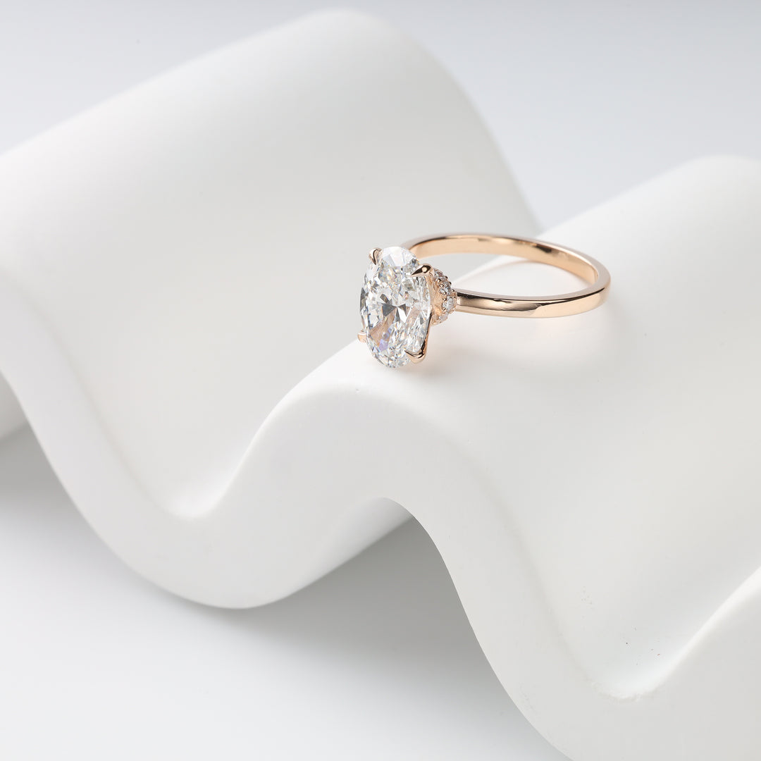 Rose gold 14K With 1 Oval lab Diamond 2 ct. F/VVS2 (IGI) and 12 small Lab Diamonds | Ukrainian Jewelry