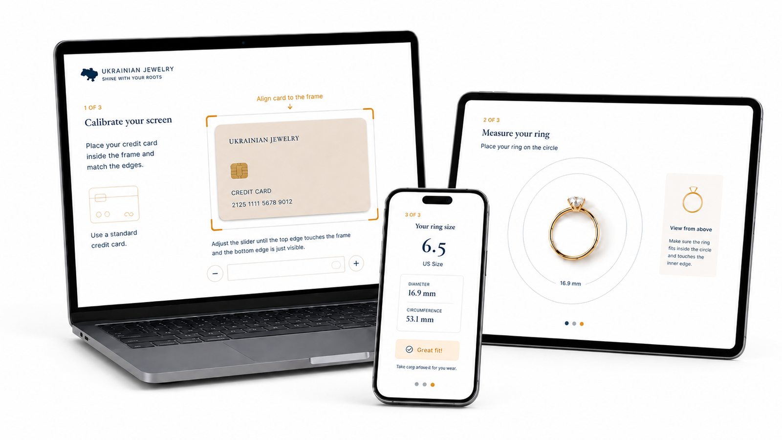 Ukrainian Jewelry ring sizing tool shown on laptop, tablet, and phone