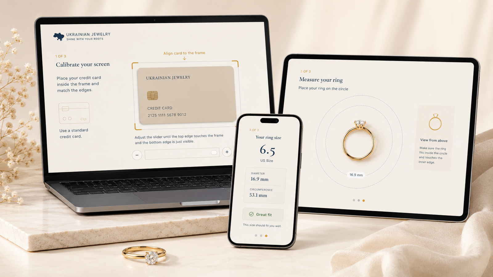 Ring sizing tool shown on laptop, tablet and phone